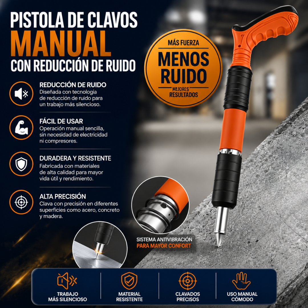PISTOLA DE CLAVOS MANUAL CON REDUCCIÓN DE RUIDO - Fijación rápida sin complicaciones