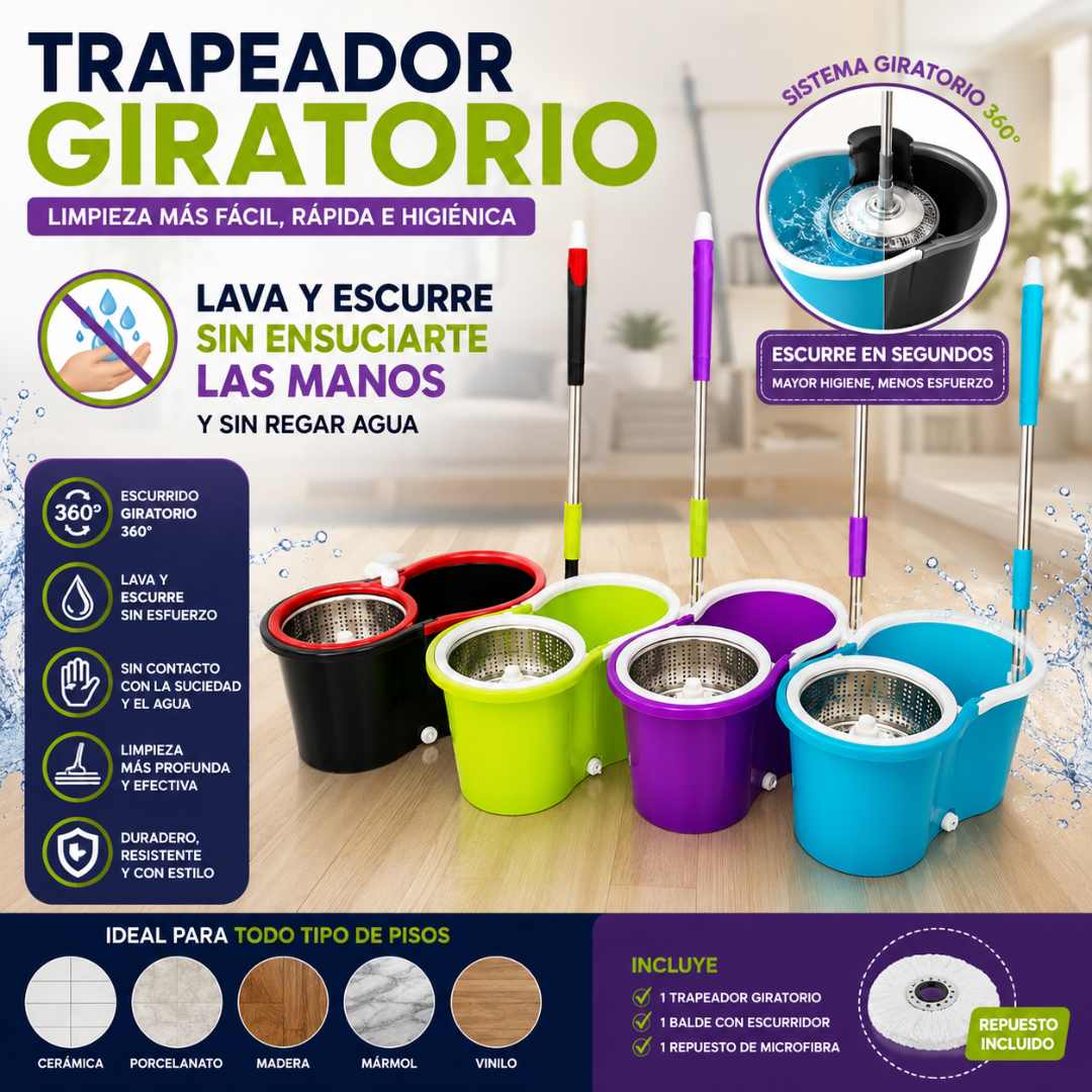 TRAPEADOR GIRATORIO – Limpia y escurre sin tocar el agua ni ensuciarte las manos