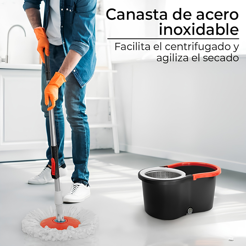 TRAPEADOR GIRATORIO – Limpia y escurre sin tocar el agua ni ensuciarte las manos