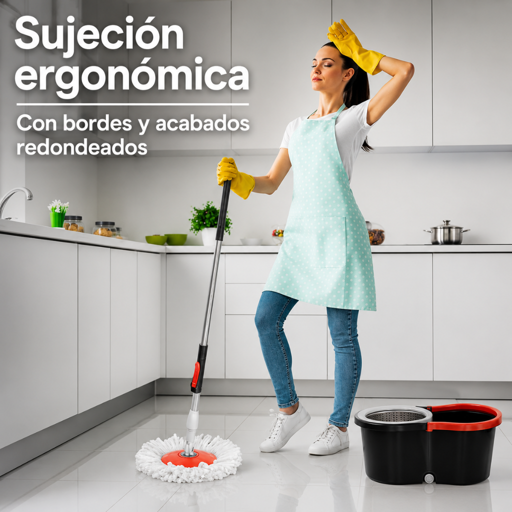 TRAPEADOR GIRATORIO – Limpia y escurre sin tocar el agua ni ensuciarte las manos