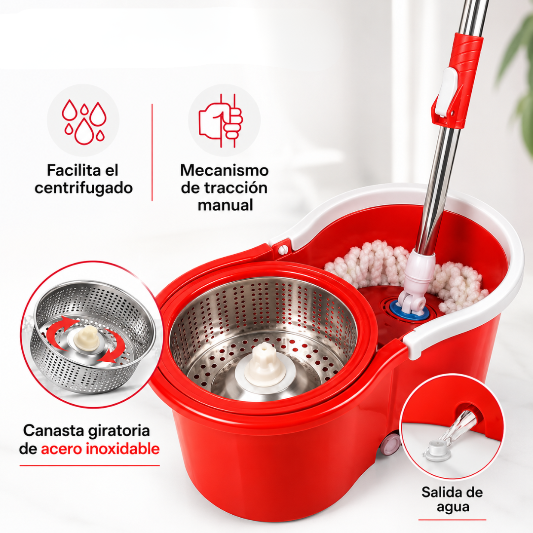 TRAPEADOR GIRATORIO – Limpia y escurre sin tocar el agua ni ensuciarte las manos
