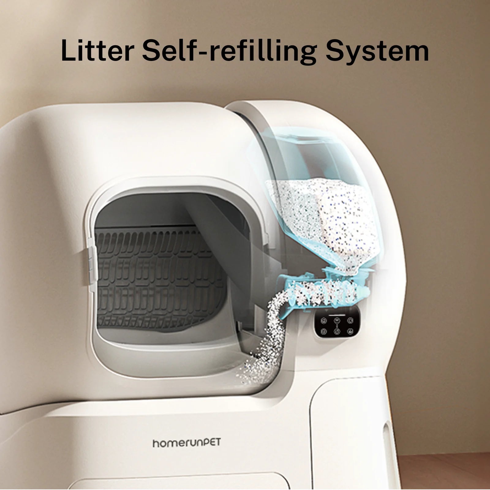 Cat litter self-refilling system with 'homerunPET' branding on a beige background.
