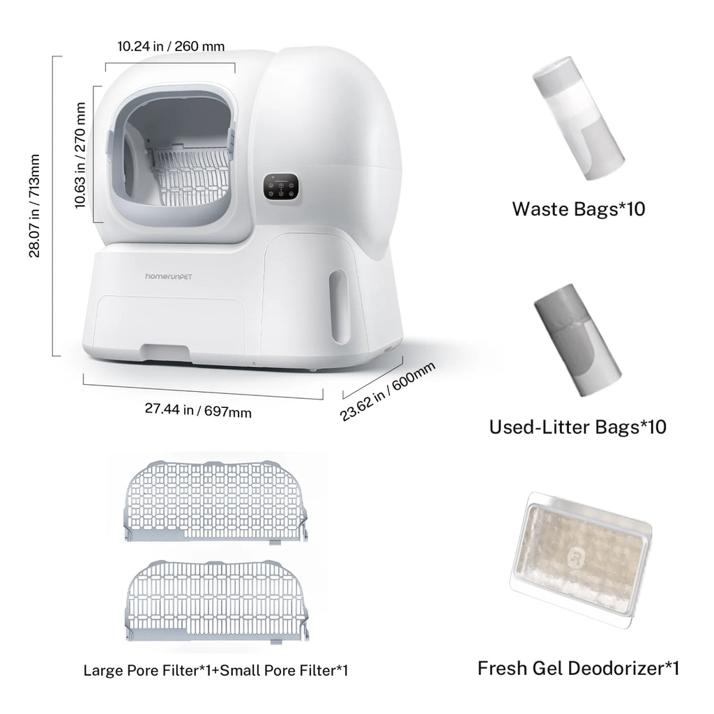 homerunPET Self-cleaning Litter Box CS106 with waste bags, used-litter bags, large pore filter, small pore filter, and fresh gel deodorizer on a white background.