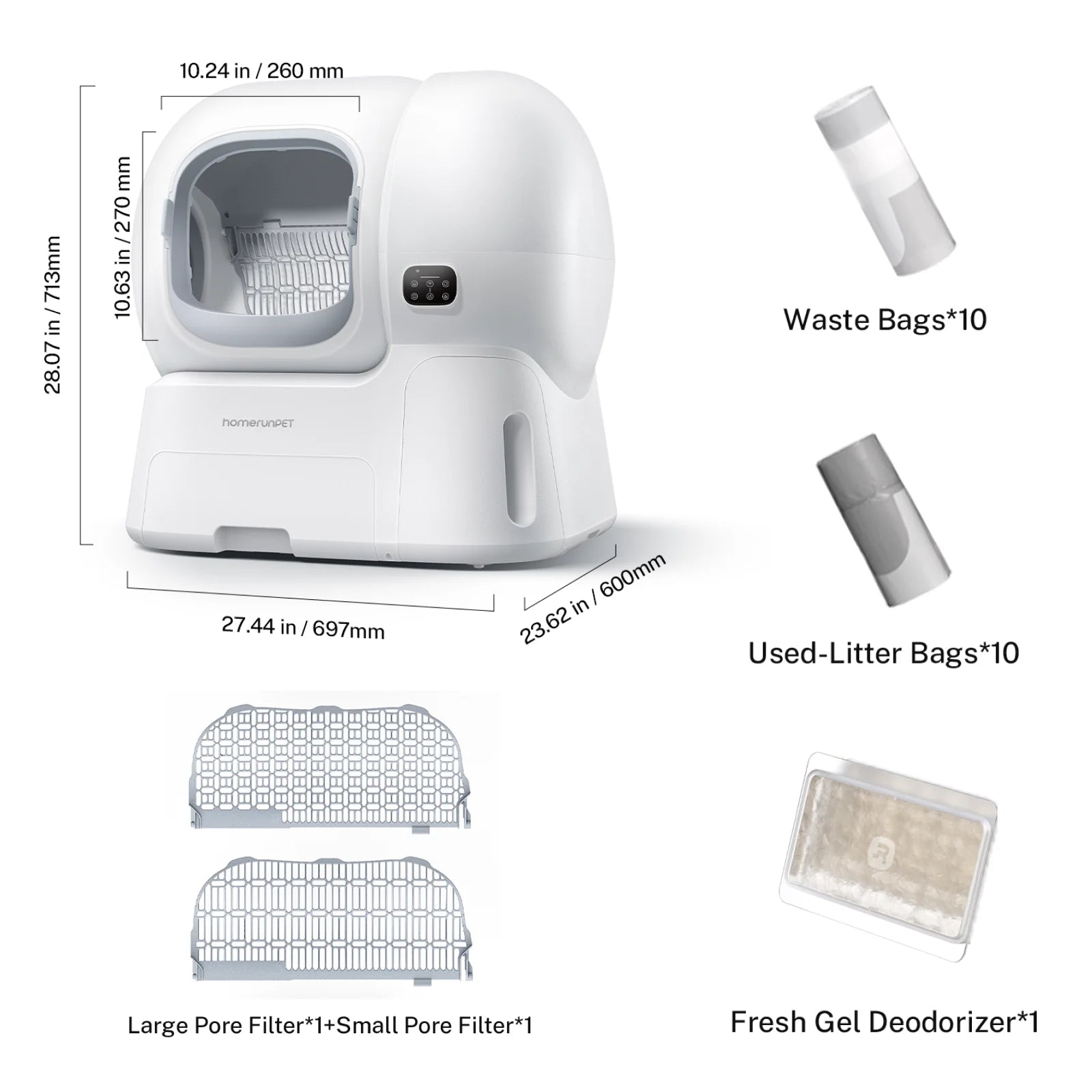 homerunPET Self-cleaning Litter Box CS106 with waste bags, used-litter bags, large pore filter, small pore filter, and fresh gel deodorizer on a white background.